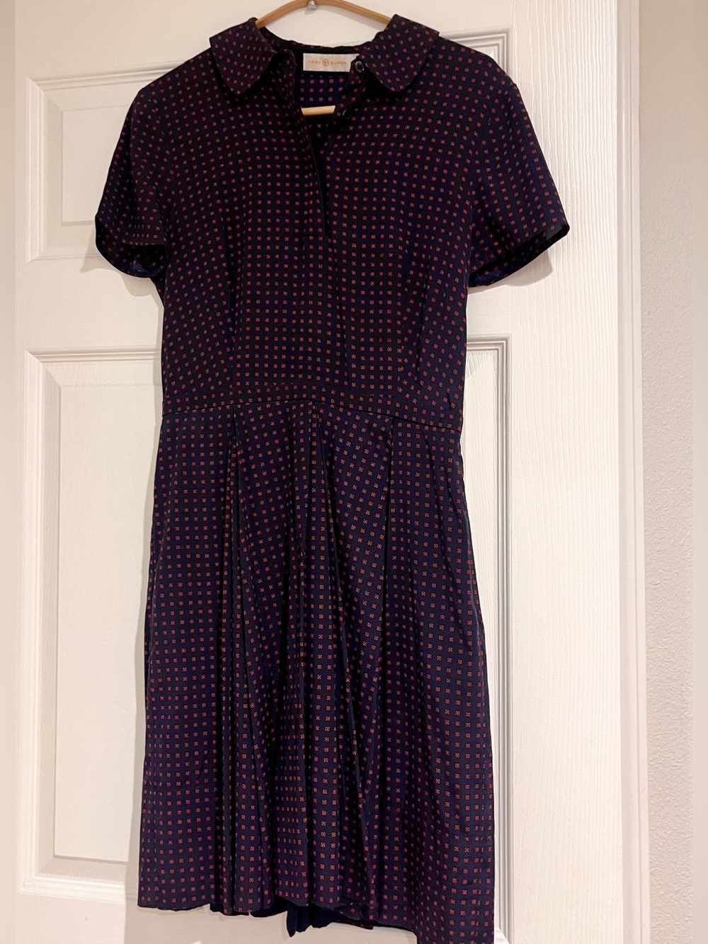 100% silk Tory Burch Navy Midi Dress with Pink Microprint